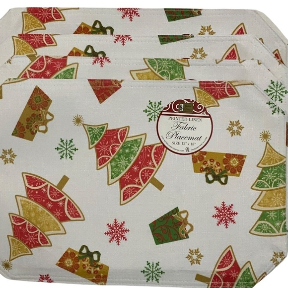 Printed Linen Fabric Placemats Christmas Holiday Reversible 12 in X 18 in White - Picture 7 of 9